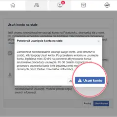 Potwierdzenie usunięcia konta na Facebooku. Kliknij "Usuń konto", aby dowiedzieć się, jak usunąć konto na FB.