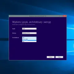 Instalator Windows 10 pozwala wybrać język polski, wersję Pro i architekturę 64-bit. To narzędzie do tworzenia nośników instalacyjnych.