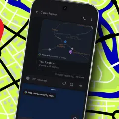 Telefon pokazuje, jak udostępnić lokalizację przez Find Hub. Widoczna jest mapa z zaznaczonym punktem i informacją o udostępnianiu.