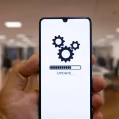 Telefon z ikoną aktualizacji i paskiem postępu. Może to być aktualizacja systemu **Android 16**.