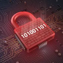 Czerwona kłódka z kodem binarnym na tle obwodów drukowanych symbolizuje bezpieczeństwo cyfrowe i działanie firewall.