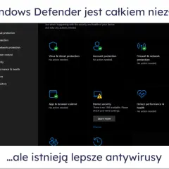 Interfejs Windows Defender pokazuje status ochrony: wirusów, kont, sieci, aplikacji i urządzenia. Wszystko działa poprawnie.