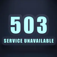 Napis "503 SERVICE UNAVAILABLE" w kolorze jasnoniebieskim na ciemnym tle.