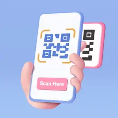 Dłoń trzyma smartfon z kodem QR i przyciskiem "Scan Here". Dowiedz się, jak zeskanować kod QR.