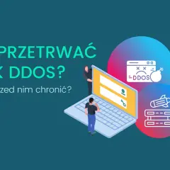 Grafika przedstawia pytanie "Jak przetrwać atak DDOS?". Widoczny jest laptop, dwie postacie i ikony symbolizujące zagrożenie.