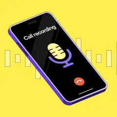 Telefon z ikoną mikrofonu i napisem "Call recording". Aplikacja do nagrywania rozmów w akcji, z wizualizacją dźwięku w tle.