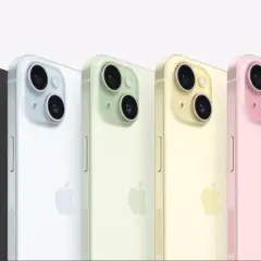 Pięć iPhone'ów 15 w różnych kolorach: czarny, biały, zielony, żółty i różowy. Poznaj ich wymiary i wybierz swój ulubiony.
