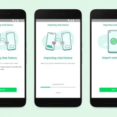 Ekran instalacji WhatsApp: importowanie historii czatów, postęp 30%, a następnie pomyślne zakończenie.