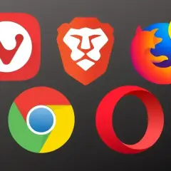 Ikony popularnych przeglądarek internetowych: Vivaldi, Brave, Firefox, Chrome i Opera.