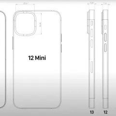 Porównanie iPhone 13 Mini i 12 Mini: schematyczne rysunki z wymiarami pokazują różnice w obudowie i aparacie.