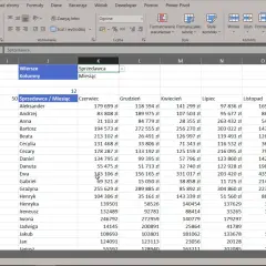 Arkusz kalkulacyjny Excel z danymi sprzedaży według sprzedawców i miesięcy.