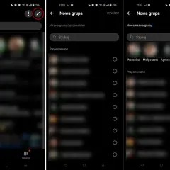 Ekran telefonu pokazuje, jak utworzyć grupę na Messengerze. Widzimy opcję "Nowa grupa", pole do wpisania nazwy i listę kontaktów do wyboru.