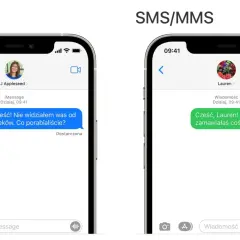 Dwa ekrany iPhone'a: po lewej iMessage z niebieską chmurką, po prawej SMS/MMS z zieloną.