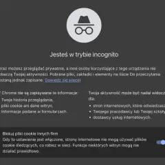 Ikona szpiega w okularach symbolizuje tryb incognito. Przeglądaj prywatnie, ale pamiętaj, że aktywność może być widoczna dla pracodawcy.