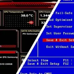 Ekran BIOS-u z temperaturą CPU 38°C i opcjami zapisu ustawień.