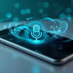 Telefon z ikoną mikrofonu i falami dźwiękowymi, symbolizujący asystenta głosowego. Bixby co to? To właśnie interfejs do komunikacji głosowej.