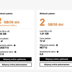 Pakiety danych Orange: 5 GB za 25 zł, 2 GB za 15 zł, 2 GB za 12 zł, 500 MB za 5 zł. Wybierz swój esim.