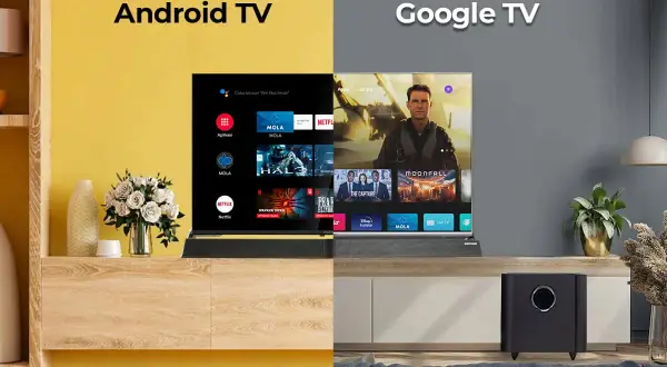 Porównanie interfejsów Android TV i Google TV. Na ekranie widać aplikacje, filmy i seriale, w tym "Top Gun: Maverick" i "Moonfall".