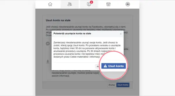 Potwierdzenie usunięcia konta na Facebooku. Kliknij "Usuń konto", aby dowiedzieć się, jak usunąć konto na FB.
