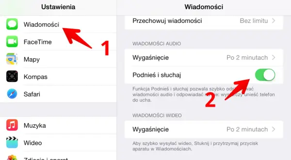 Ustawienia Wiadomości: włącz funkcję "Podnieś i słuchaj", aby szybko odsłuchać pocztę głosową.