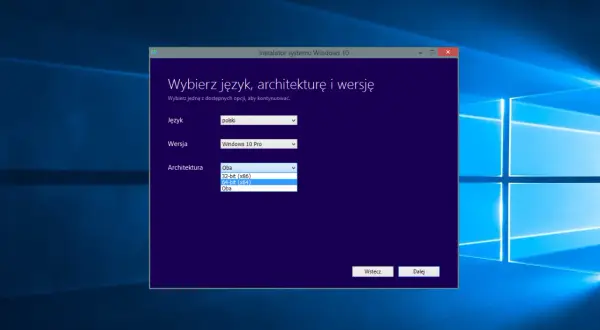 Instalator Windows 10 pozwala wybrać język polski, wersję Pro i architekturę 64-bit. To narzędzie do tworzenia nośników instalacyjnych.
