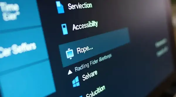 Zbliżenie na ekran telefonu z menu: "Servlection", "Accessibility", "Rope...".