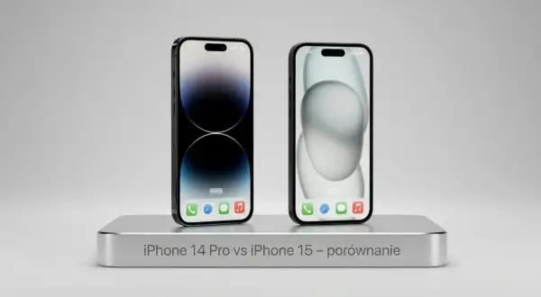 Dwa iPhone'y na srebrnej podstawce, jeden z ciemnym ekranem, drugi z jasnym. Porównanie iPhone 14 Pro vs iPhone 15.