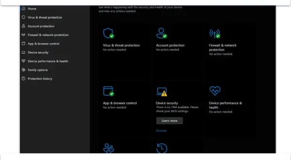 Interfejs Windows Defender pokazuje status ochrony: wirusów, kont, sieci, aplikacji i urządzenia. Wszystko działa poprawnie.
