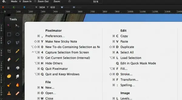 Menu z listą skrótów klawiszowych dla programów Pixelmator, Edycja i Plik na komputerach Mac i Windows.