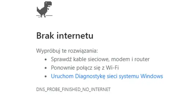 Dinozaur z gry w przeglądarce skacze, bo jest brak internetu. Wyświetlono komunikat o problemach z połączeniem i sugestie rozwiązań.