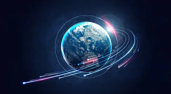 Ziemia otoczona siecią połączeń, symbolizującą globalną komunikację i przepływ danych, jak w protokole tcp.