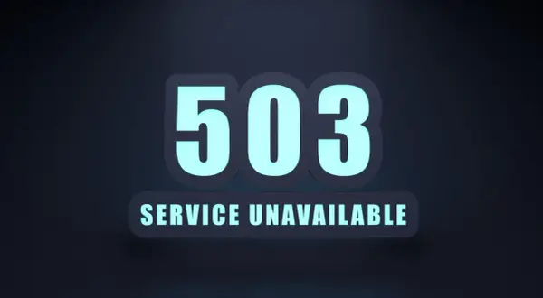 Napis "503 SERVICE UNAVAILABLE" w kolorze jasnoniebieskim na ciemnym tle.