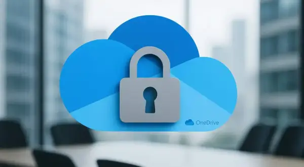 Symbol kłódki na niebieskiej chmurze OneDrive. Bezpieczny cloud storage dla Twoich danych.