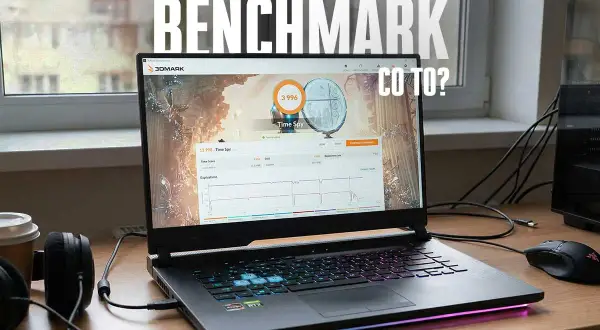 Laptop z uruchomionym programem 3DMark, pokazującym wyniki testów wydajności. Dowiedz się, benchmark co to jest i jak działa.