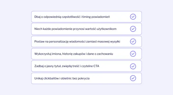 Grafika przedstawia listę wskazówek dotyczących projektowania powiadomień push, z zaznaczonymi elementami.