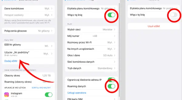 Dodawanie karty eSIM na telefonie. Widok ustawień sieci komórkowej, gdzie można zarządzać planami taryfowymi i liniami.