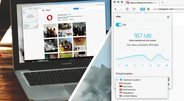 Laptop z przeglądarką Opera, na której widać profil Instagram i aktywne okno VPN. Dostępne są różne lokalizacje wirtualne.