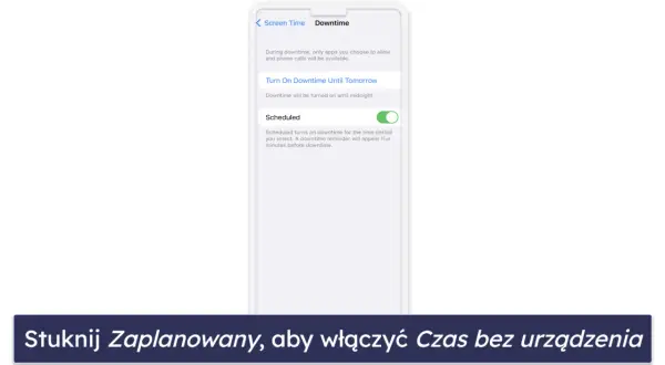 Ustaw kontrolę rodzicielską iPhone: włącz "Zaplanowany" czas bez urządzenia, by ograniczyć dostęp do aplikacji.