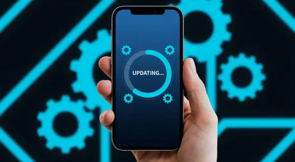 Dłoń trzyma smartfon z ekranem pokazującym proces aktualizacji aplikacji. W tle niebieskie koła zębate.