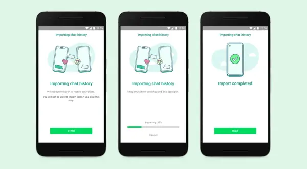 Ekran instalacji WhatsApp: importowanie historii czatów, postęp 30%, a następnie pomyślne zakończenie.