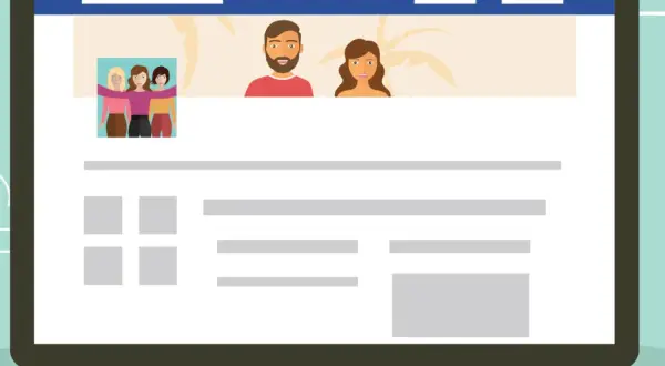 Ilustracja przedstawia ekran laptopa z profilem na Facebooku. Dowiedz się, jak zmienić nazwę strony na FB, aby odświeżyć swój wizerunek.