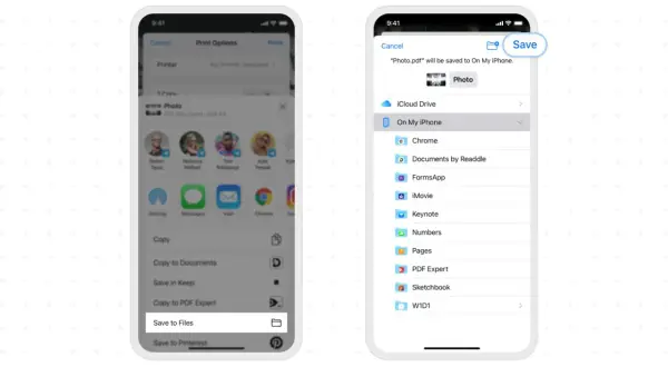 Jak zrobic skan iPhonem? Wybierz "Zachowaj w plikach", aby zapisać zeskanowany dokument.