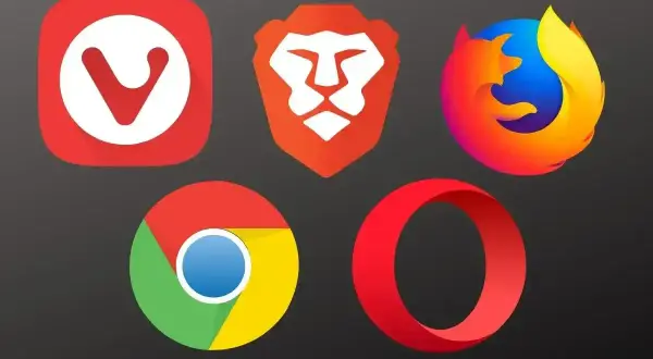 Ikony popularnych przeglądarek internetowych: Vivaldi, Brave, Firefox, Chrome i Opera.