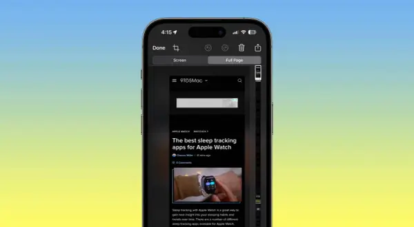 Zrzut ekranu telefonu z artykułem o najlepszych aplikacjach do śledzenia snu na Apple Watch.