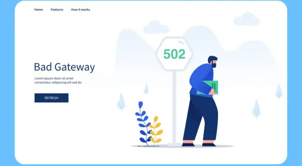 Mężczyzna z teczką mija znak "502 Bad Gateway". Strona informuje o błędzie.