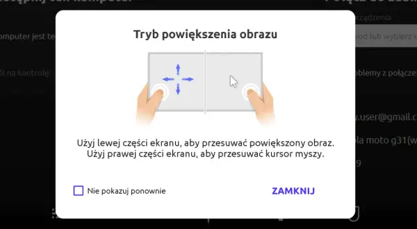 Grafika przedstawia okno dialogowe z instrukcją obsługi zdalnego pulpitu, pokazujące gesty dotykowe.