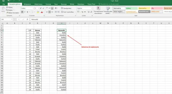 Arkusz kalkulacyjny Excel z kolumnami "L.P.", "Nazwa" i "NazwaNr", z zaznaczoną kolumną "NazwaNr".