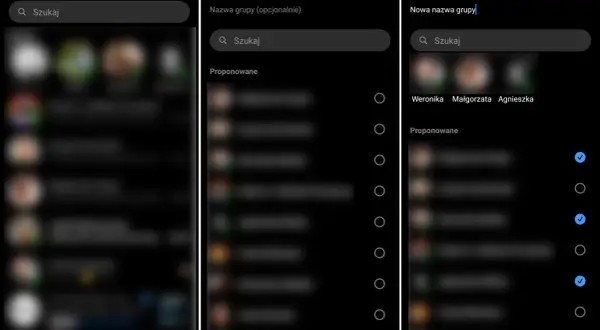 Ekran telefonu pokazuje, jak utworzyć grupę na Messengerze. Widzimy opcję "Nowa grupa", pole do wpisania nazwy i listę kontaktów do wyboru.