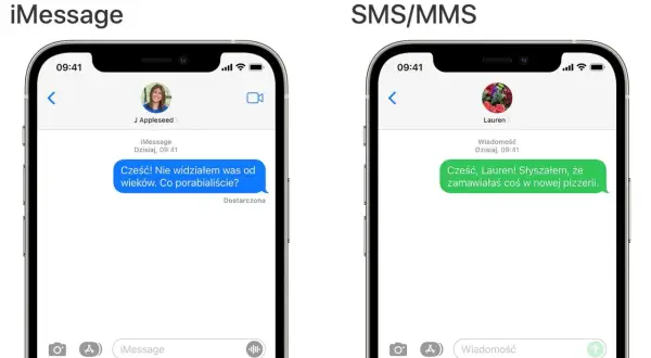 Dwa ekrany iPhone'a: po lewej iMessage z niebieską chmurką, po prawej SMS/MMS z zieloną.