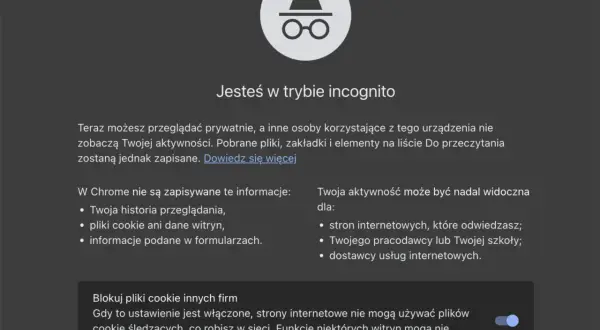 Ikona szpiega w okularach symbolizuje tryb incognito. Przeglądaj prywatnie, ale pamiętaj, że aktywność może być widoczna dla pracodawcy.